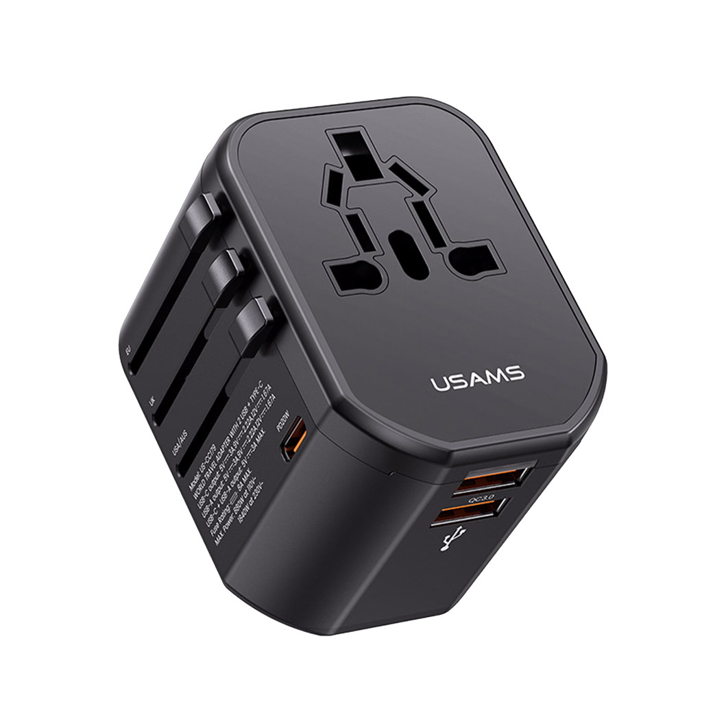 Cargador de Viaje Universal T59 20W Dual USB + Tipo-C (US/AU/UK/EU) Negro (US-CC179)