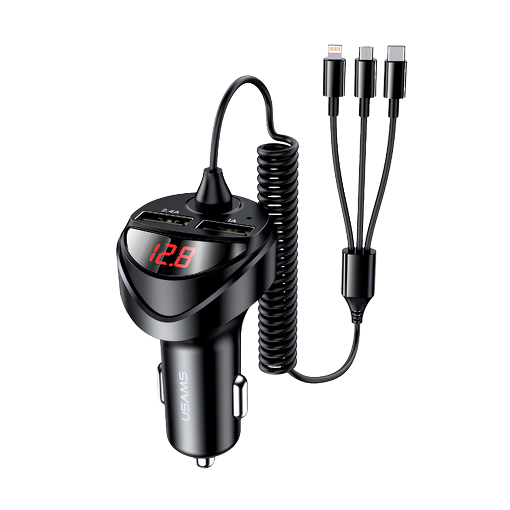 Cargador para Auto USB Dual + Cable 3 en 1 Negro 17w (US-CC119 C22)