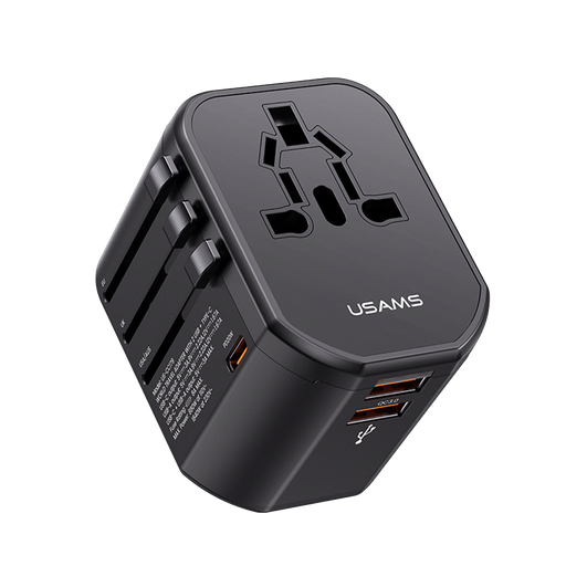 Cargador de Viaje Universal T59 20W Dual USB + Tipo-C (US/AU/UK/EU) Negro (US-CC179)